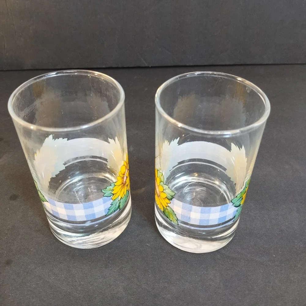 VTG Corelle Sunsations CRISA 5 pc Juice Glass Set Sunflowers Gingham 7 oz Blue